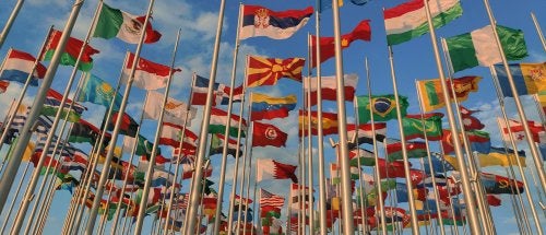 Numerous national flags fly on tall flagpoles against a blue sky.
