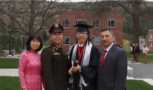 jimmy luong at graduation, on campus with parents and brother