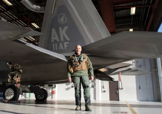 General Thomas Bussiere Norwich Class of 1985 Commander Air Force Global Strike Command Photo in front of Fighter Jet