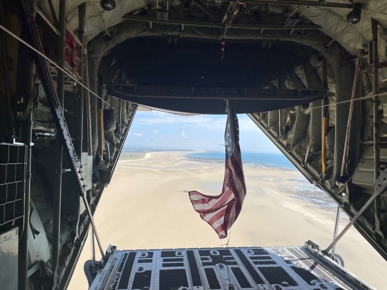 inside plane with flag